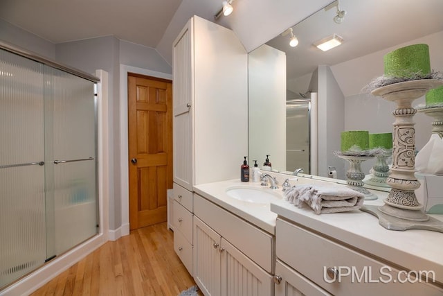 bathroom with a shower with door, vanity, and wood-type flooring