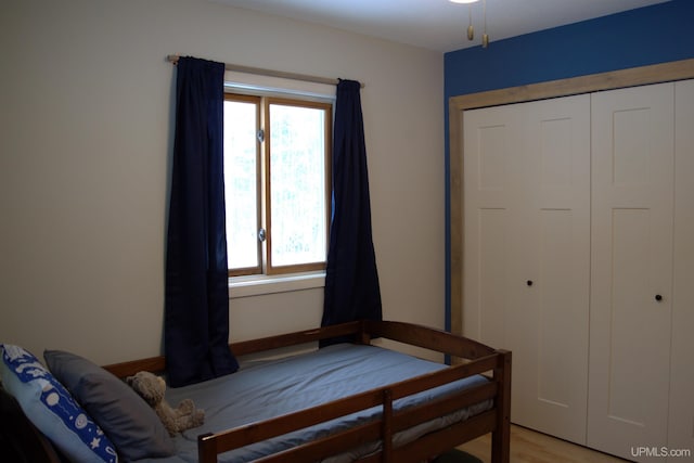 bedroom with a closet and hardwood / wood-style floors