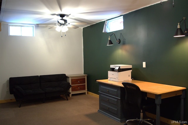 office featuring carpet flooring and ceiling fan