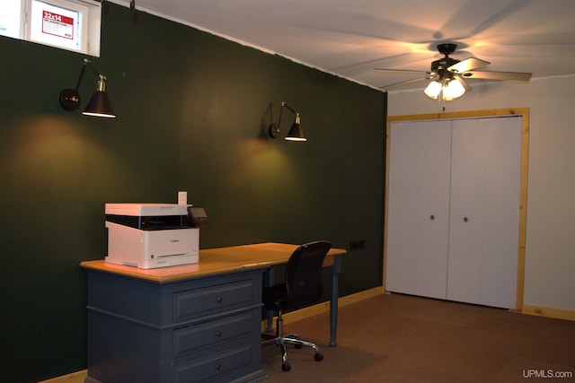 home office featuring ceiling fan and carpet floors