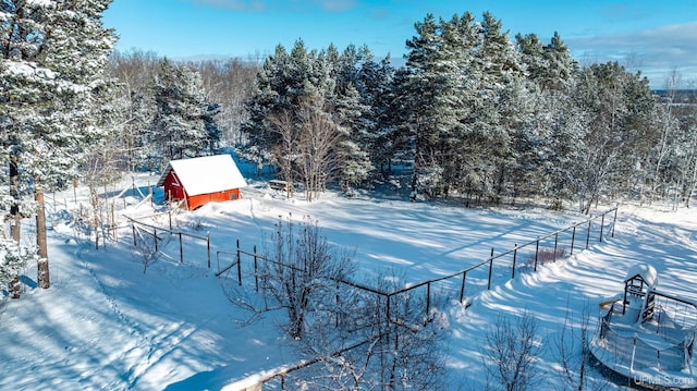 yard layered in snow with an outbuilding