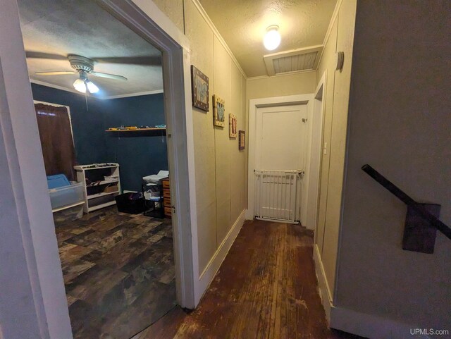 hallway with a textured ceiling, dark hardwood / wood-style floors, and ornamental molding