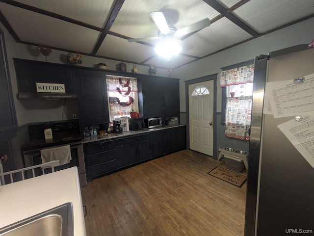 kitchen with ceiling fan, wood-type flooring, range, and sink