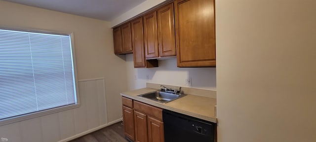 kitchen featuring dark hardwood / wood-style flooring, black dishwasher, and sink