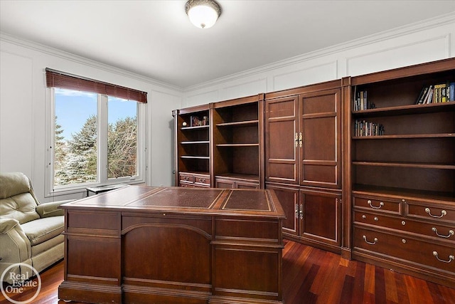 office space with dark hardwood / wood-style floors and ornamental molding