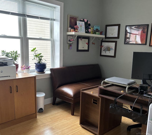 office with light wood-type flooring and a healthy amount of sunlight