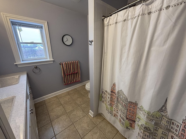 bathroom featuring curtained shower, radiator heating unit, tile patterned flooring, toilet, and vanity