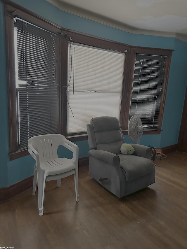 living area featuring crown molding and hardwood / wood-style floors