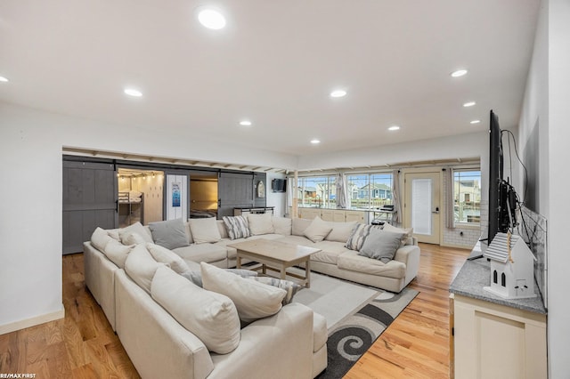 living room featuring light wood-type flooring and a barn door