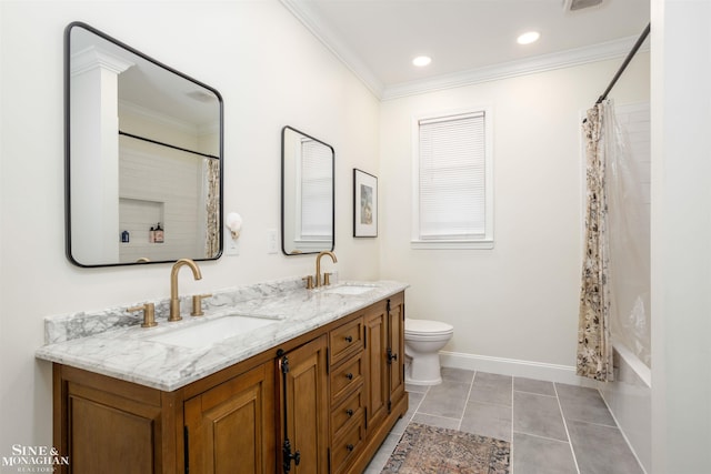 full bathroom featuring tile patterned flooring, vanity, toilet, and ornamental molding