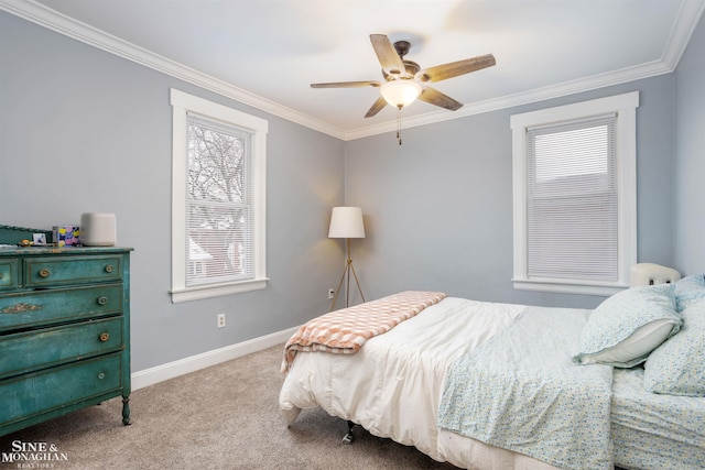 bedroom featuring light carpet, ceiling fan, and ornamental molding