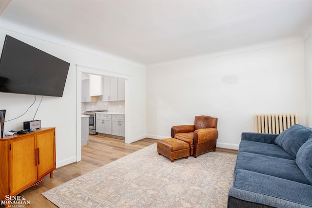 living room with light wood-type flooring and radiator heating unit