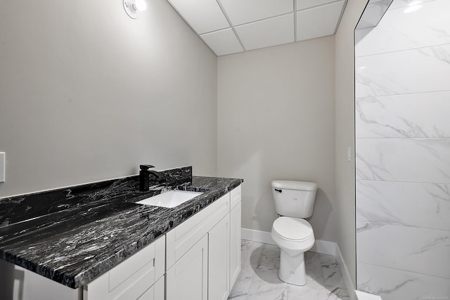 bathroom with vanity, toilet, and a drop ceiling