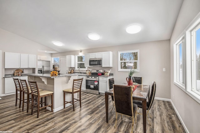 kitchen featuring lofted ceiling, dark wood-type flooring, white cabinets, a kitchen island, and stainless steel appliances