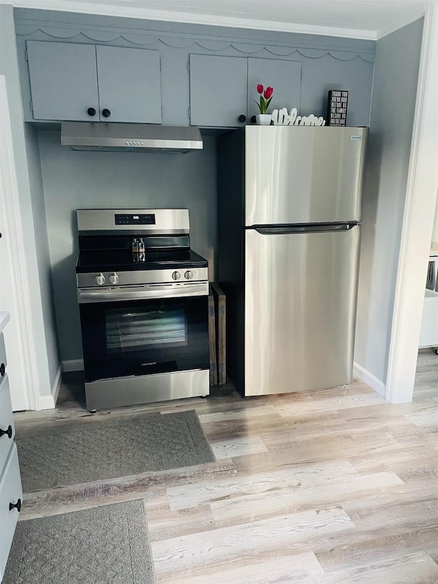 kitchen with gray cabinetry, light hardwood / wood-style floors, and stainless steel appliances