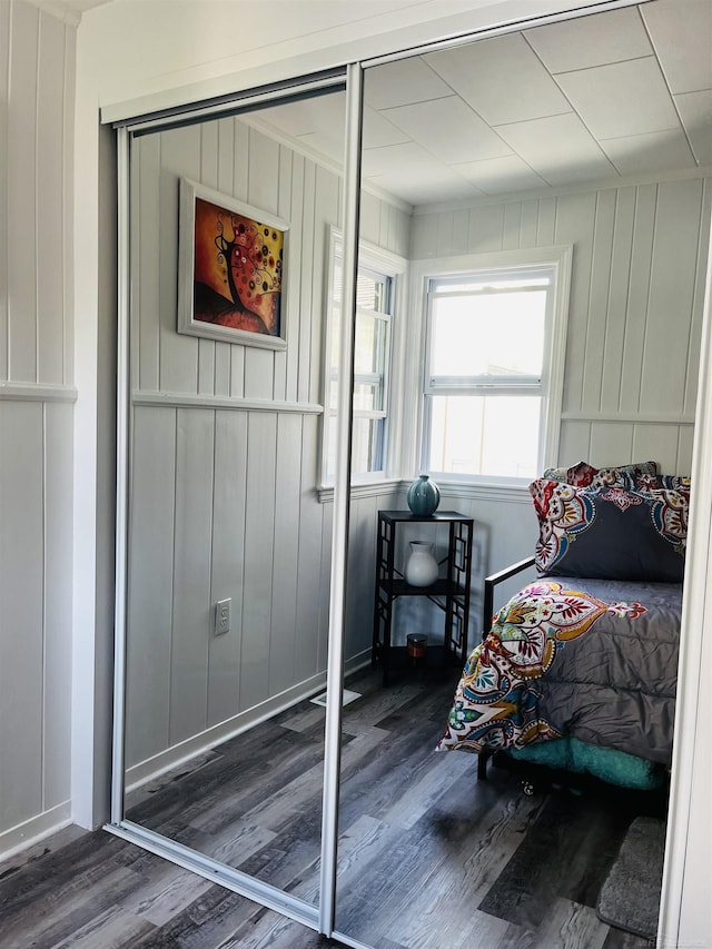 bedroom featuring wood walls, a closet, and dark wood-type flooring