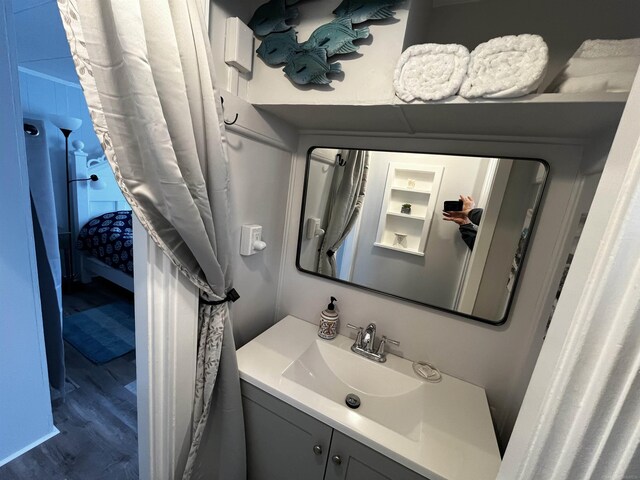 bathroom with wood finished floors and vanity