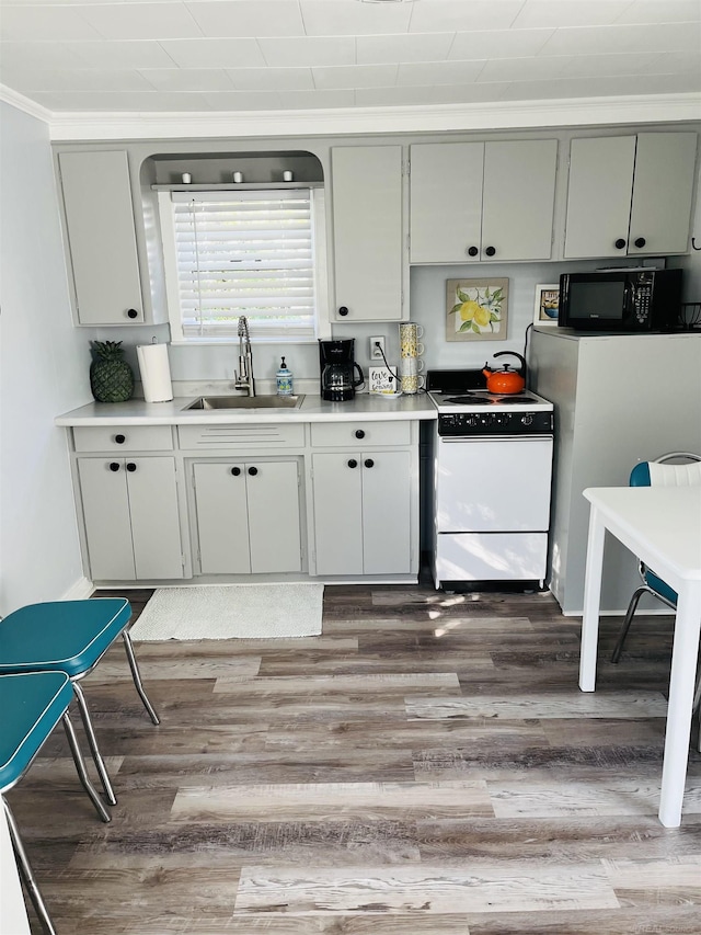 kitchen with gray cabinetry, sink, dark hardwood / wood-style floors, white range with electric stovetop, and ornamental molding