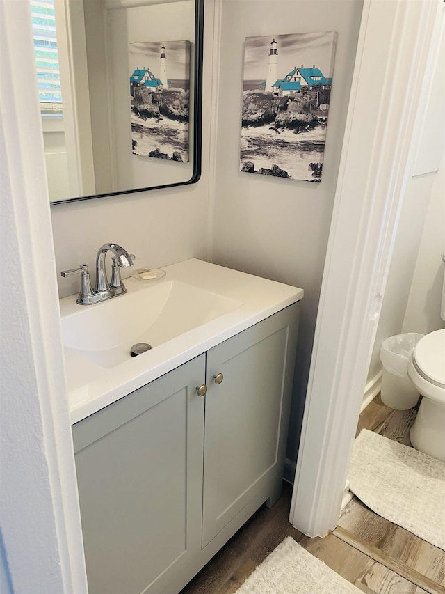 bathroom featuring toilet, vanity, and hardwood / wood-style flooring