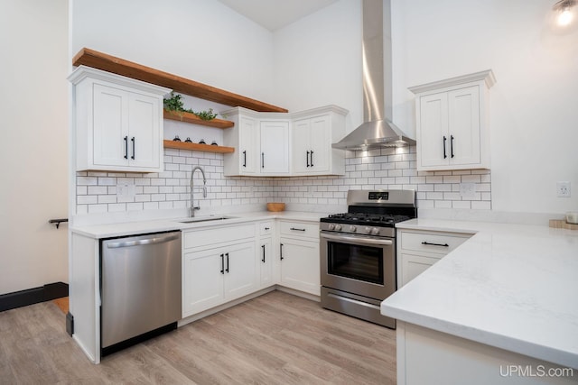 kitchen featuring white cabinets, wall chimney range hood, sink, and appliances with stainless steel finishes