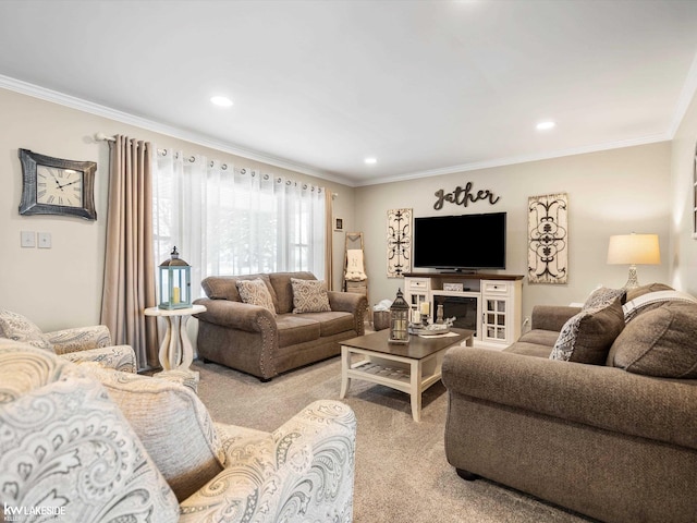 living room with light carpet and crown molding