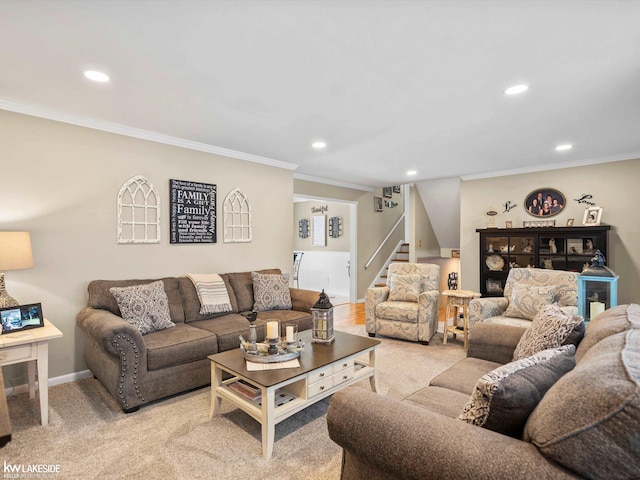 living room featuring light carpet and ornamental molding