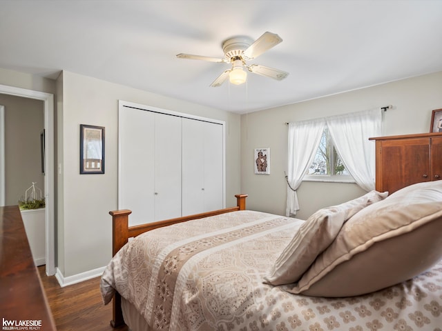 bedroom with ceiling fan, dark wood-type flooring, and a closet