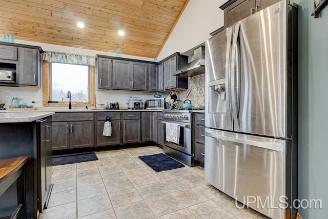 kitchen with wood ceiling, vaulted ceiling, appliances with stainless steel finishes, wall chimney exhaust hood, and dark brown cabinets