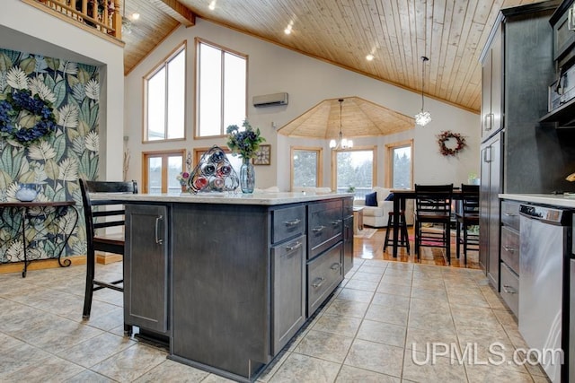 kitchen with dishwasher, hanging light fixtures, a notable chandelier, a kitchen island, and wooden ceiling