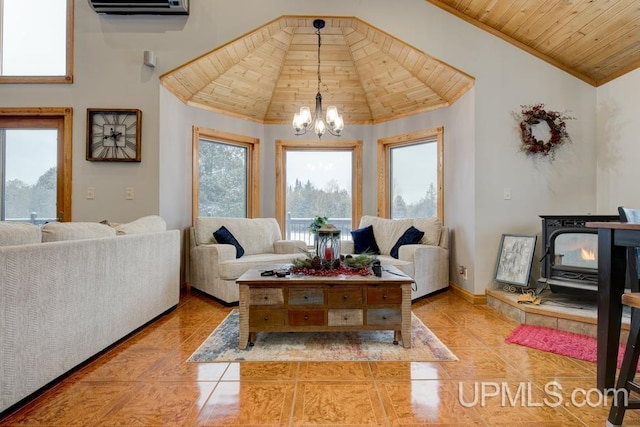 tiled living room with wooden ceiling and a notable chandelier