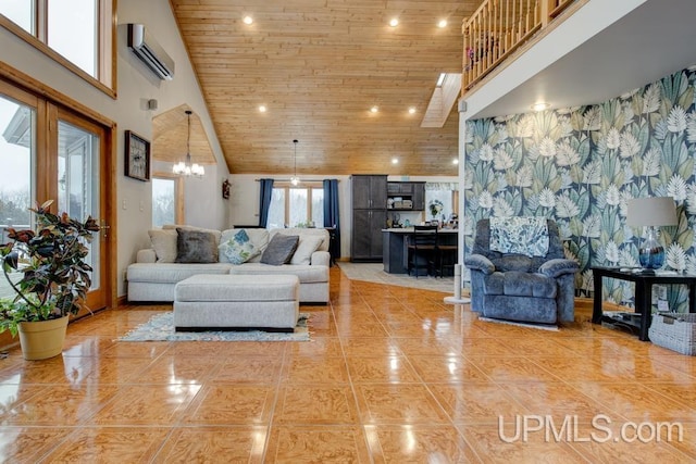 living room with a wall unit AC, high vaulted ceiling, wooden ceiling, and light tile patterned floors