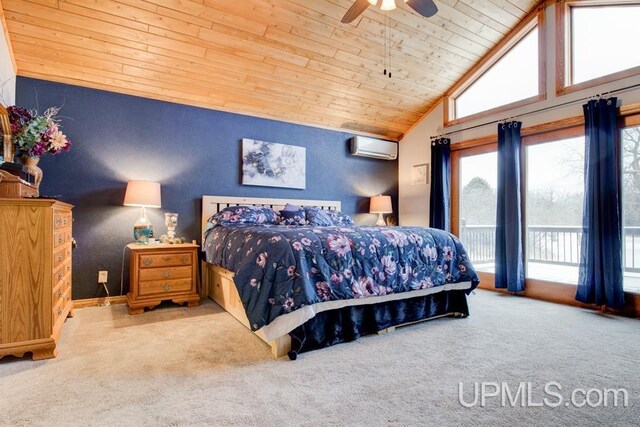 bedroom with access to outside, an AC wall unit, light carpet, ceiling fan, and wood ceiling