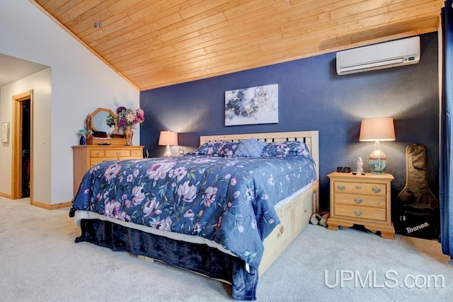 carpeted bedroom featuring wood ceiling, a wall mounted air conditioner, and vaulted ceiling