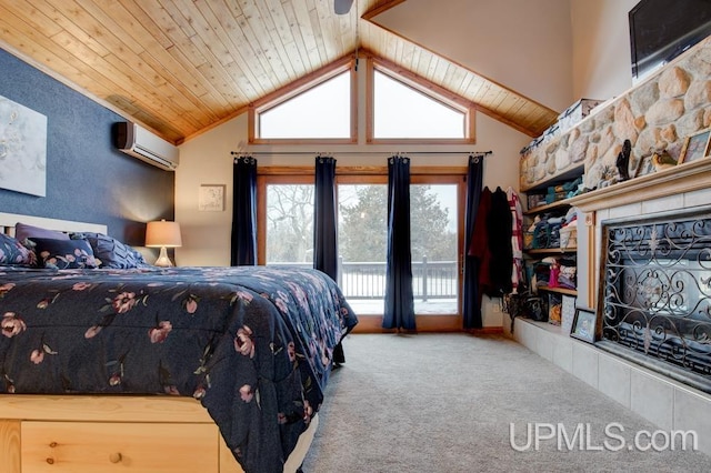 carpeted bedroom featuring a fireplace, access to exterior, a wall mounted AC, high vaulted ceiling, and wood ceiling