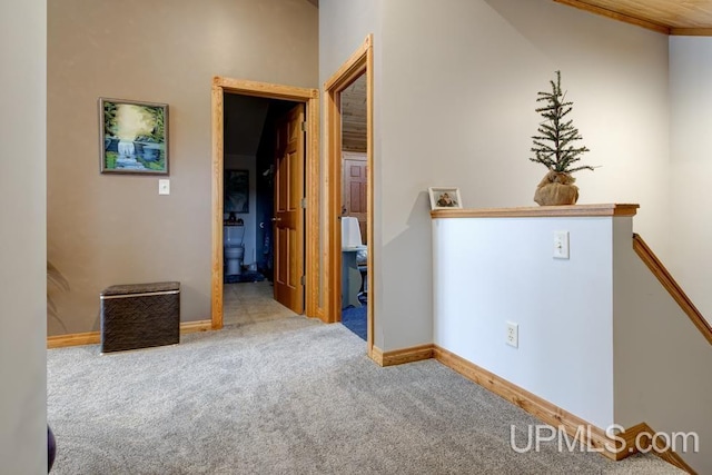 corridor featuring crown molding and light carpet