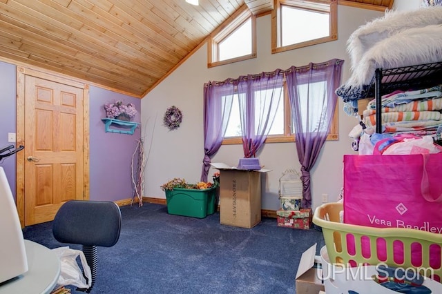 carpeted bedroom featuring lofted ceiling and wooden ceiling