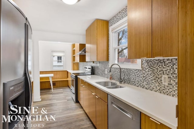 kitchen with light hardwood / wood-style flooring, wall chimney range hood, decorative backsplash, appliances with stainless steel finishes, and sink