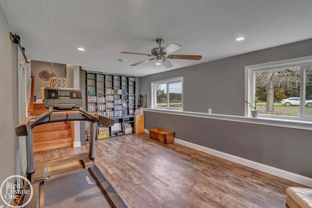 workout room featuring wood-type flooring, ceiling fan, and a barn door