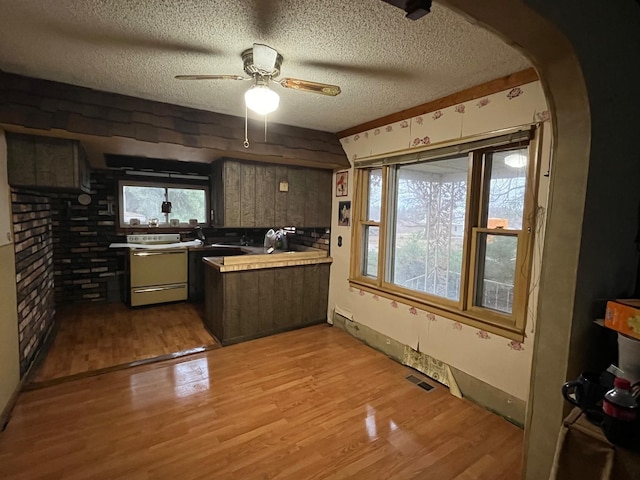 kitchen with range, light wood-type flooring, a textured ceiling, and ceiling fan