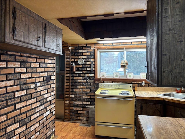 kitchen with brick wall, light wood-type flooring, dark brown cabinets, and range with electric stovetop