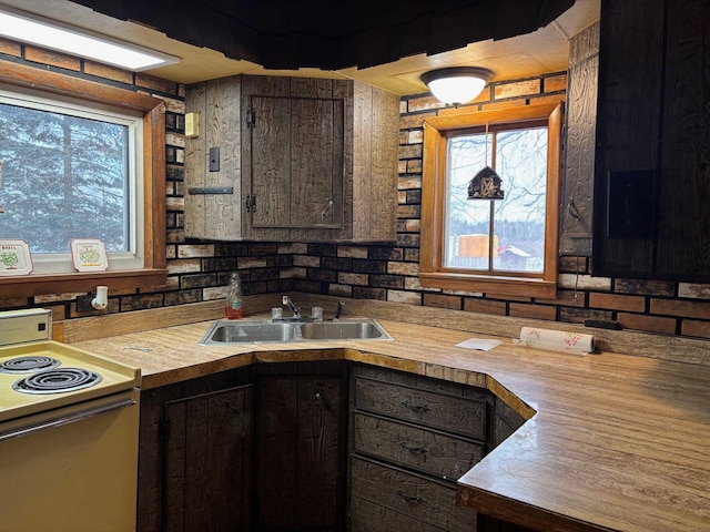 kitchen with dark brown cabinetry, electric stove, and sink