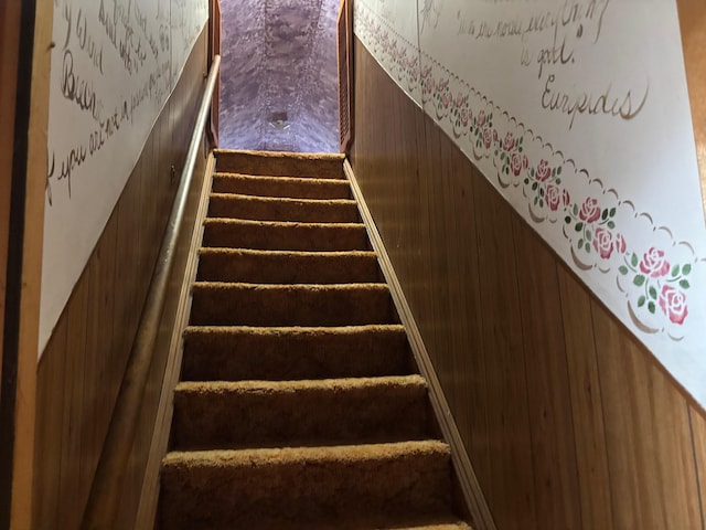 staircase featuring wooden walls