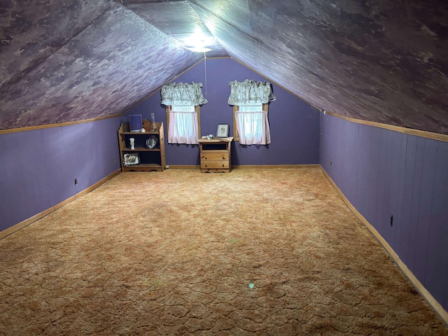 additional living space with vaulted ceiling and carpet flooring