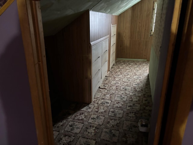 hallway with wooden walls