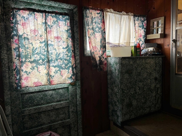 bathroom with wood walls