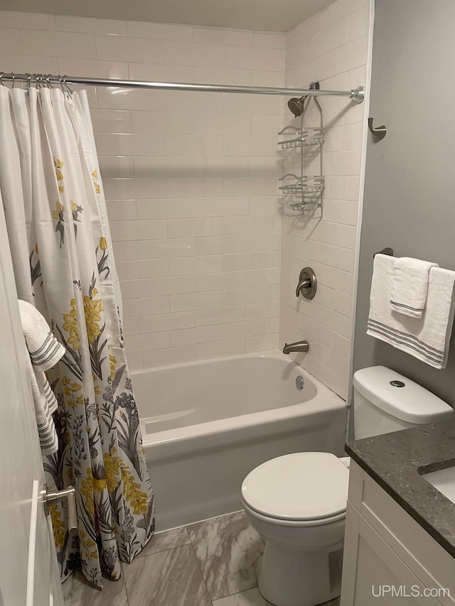 full bathroom with toilet, shower / bathtub combination with curtain, and vanity