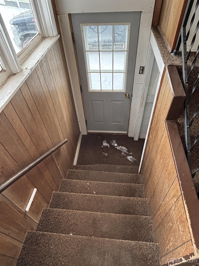 staircase with wooden walls