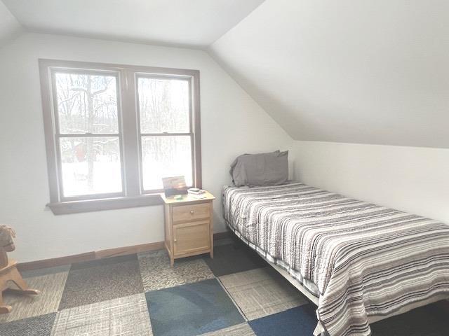 bedroom featuring lofted ceiling