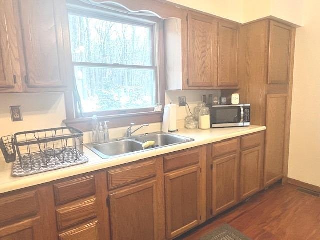 kitchen with sink, plenty of natural light, and dark wood-type flooring