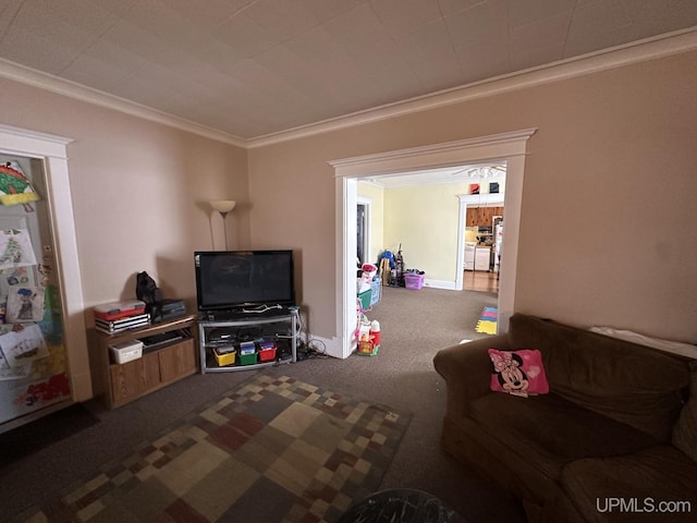 carpeted living room with ornamental molding